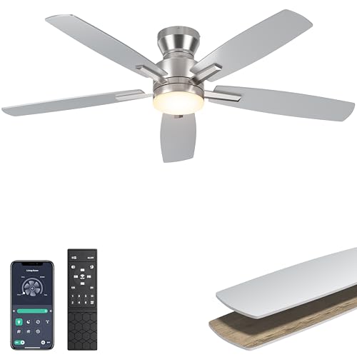 Ohniyou Ceiling Fans with Lights, 52'' Low Profile Ceiling Fan with Light and Remote/APP Control, Modern Flush Mount Ceiling Fan for Indoor Bedroom Living Room, Dimmable, Qiuet DC Motor, Silver - Image 1