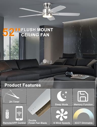 Ohniyou Ceiling Fans with Lights, 52'' Low Profile Ceiling Fan with Light and Remote/APP Control, Modern Flush Mount Ceiling Fan for Indoor Bedroom Living Room, Dimmable, Qiuet DC Motor, Silver - Image 2