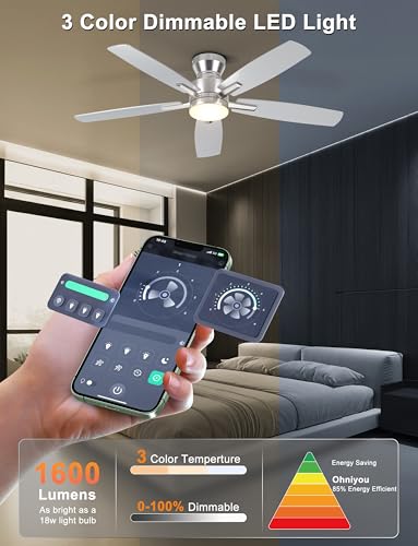 Ohniyou Ceiling Fans with Lights, 52'' Low Profile Ceiling Fan with Light and Remote/APP Control, Modern Flush Mount Ceiling Fan for Indoor Bedroom Living Room, Dimmable, Qiuet DC Motor, Silver - Image 3