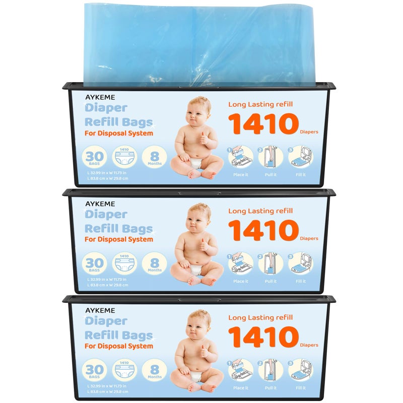 AYKEME 90 Bags Diaper Pail Refills Bags Compatible with Genie Easy Roll Signature & Platinum Diaper Pails | 7-Layer OdorLock Technology | Up to 10 Months Use,3 Pack - Image 1