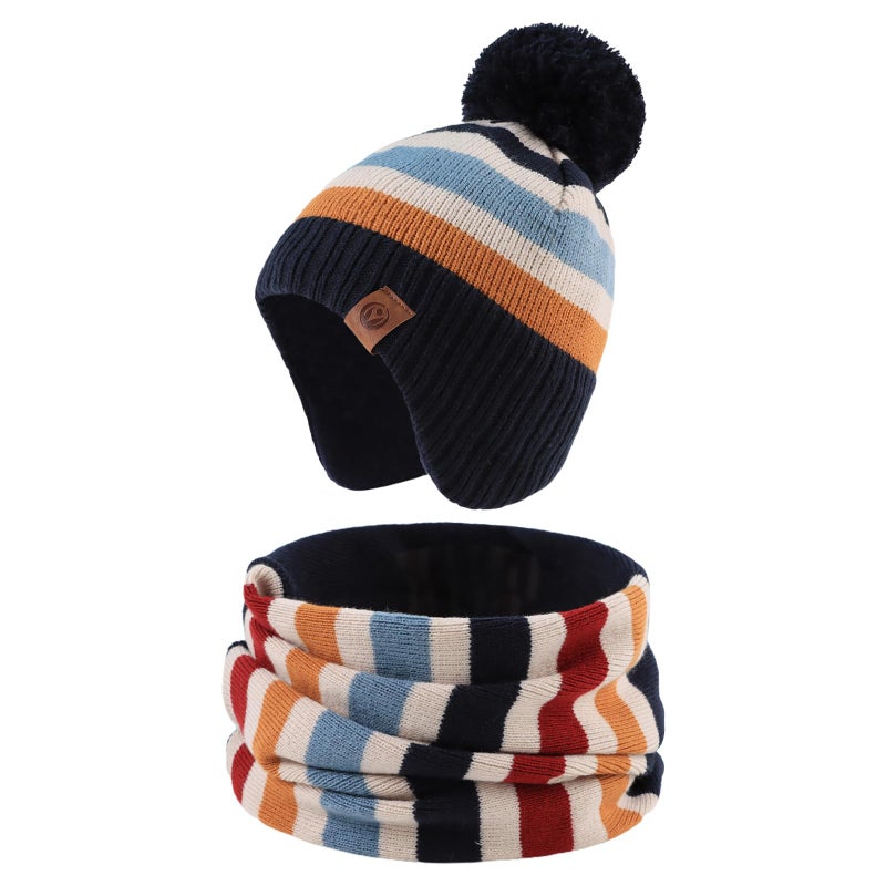 JANGANNSA Knitted Baby Hat Scarf Set Winter Warm Boys Girls Beanie Fleece Lining Toddler Kids Hats with Pompom (Navy Striped(Hat+Scarf), M) - Image 1