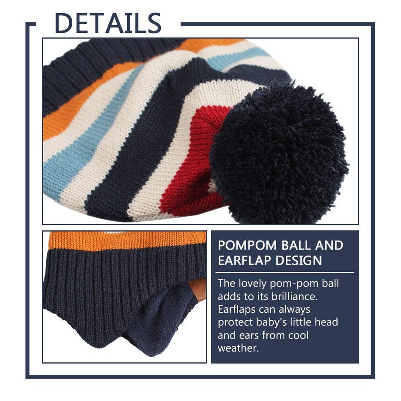 JANGANNSA Knitted Baby Hat Scarf Set Winter Warm Boys Girls Beanie Fleece Lining Toddler Kids Hats with Pompom (Navy Striped(Hat+Scarf), M) - Image 3