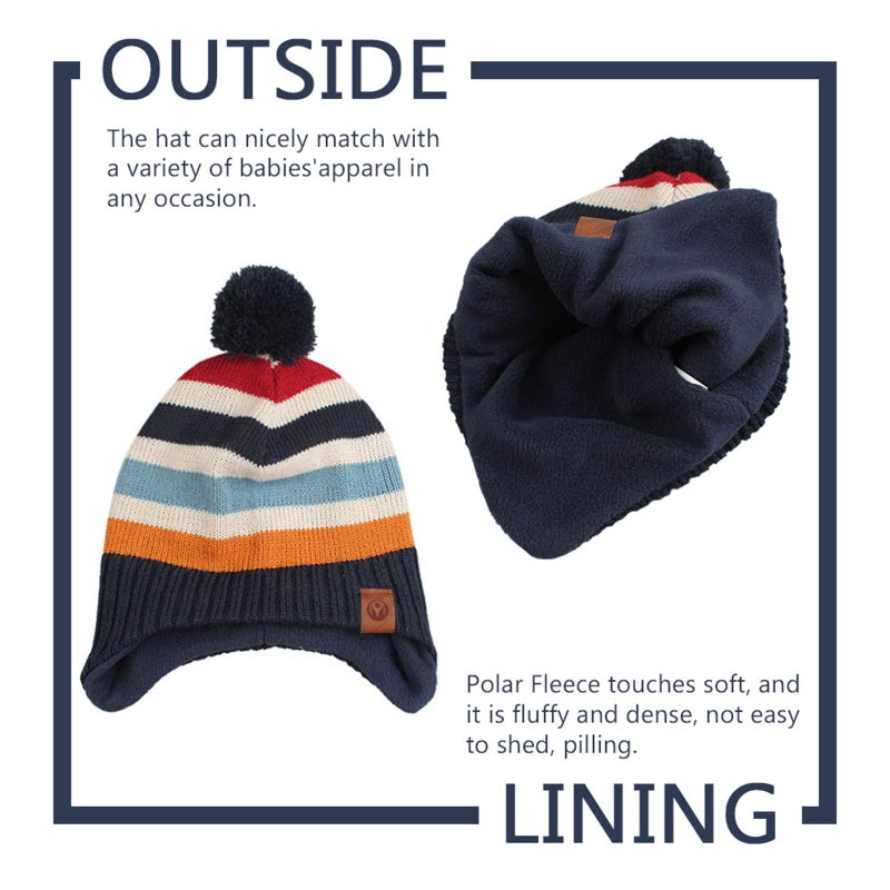 JANGANNSA Knitted Baby Hat Scarf Set Winter Warm Boys Girls Beanie Fleece Lining Toddler Kids Hats with Pompom (Navy Striped(Hat+Scarf), M) - Image 4