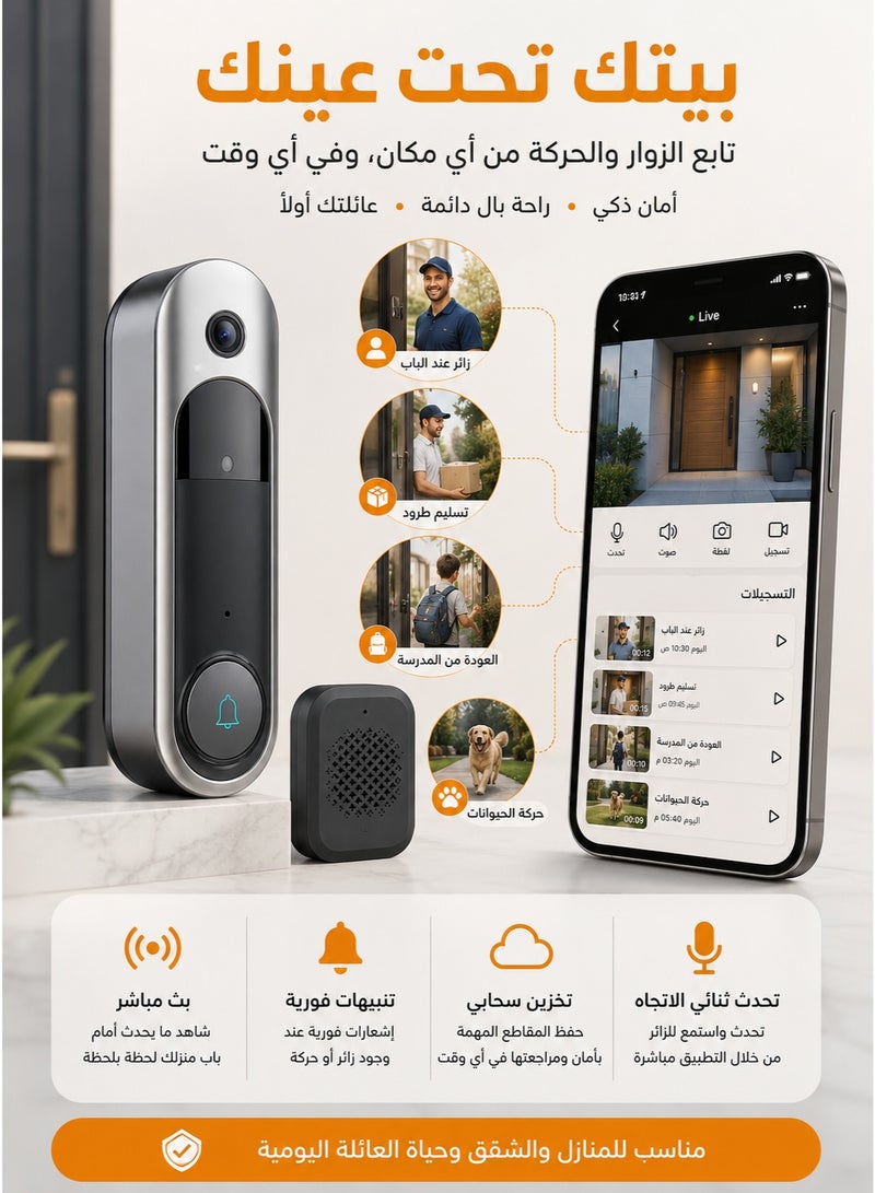 جرس باب ذكي CM28 بتقنية الواي فاي والفيديو (WI-FI Doorbell)  جرس باب ذكي مع كاميرا CM28 – راقب باب منزلك وتحدث مع الزوار من أي مكان  جرس باب ذكي عالي الدقة مع واي فاي وتكبير بصري، نظام اتصال داخلي لاسلكي للمنزل وتخزين البيانات على السحابة جرس جرس منزلي جرس كاميرا جرس باب ذكي جرس باب لاسلكلي - Image 5