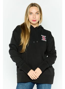 Women Hooded Graphic Print Long Sleeves Sweatshirt, Black