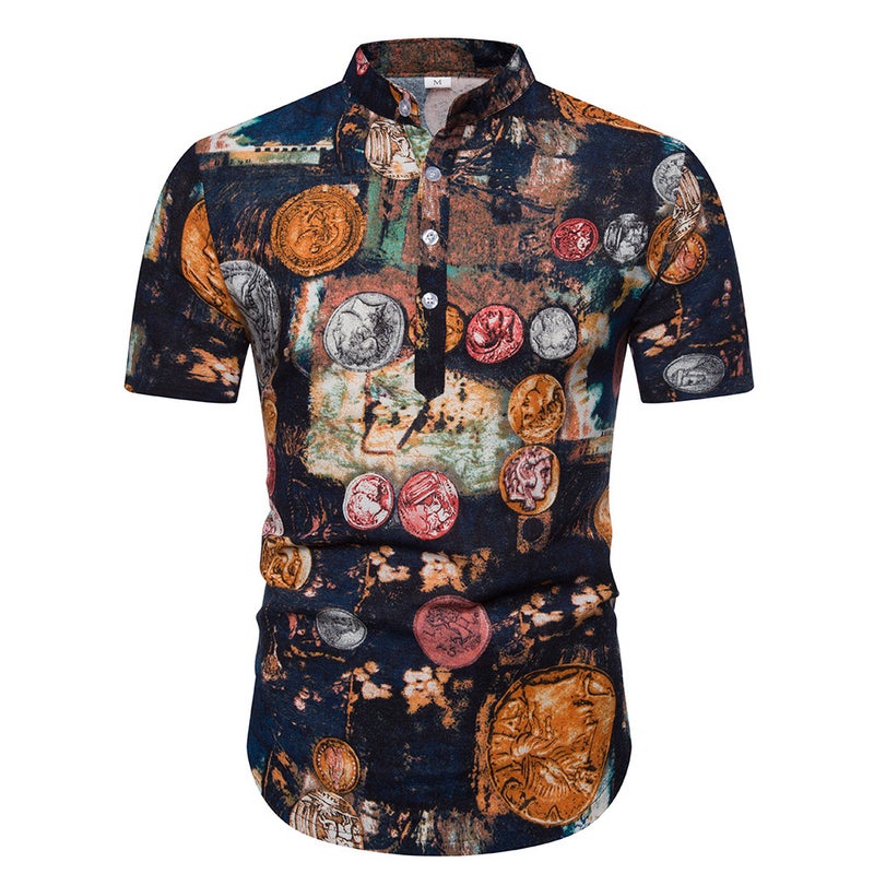 2019 Men's Cotton and Linen Vertical Collar Short-sleeved T-shirt Men's Floral Half-sleeved T-shirt for Men - Image 1
