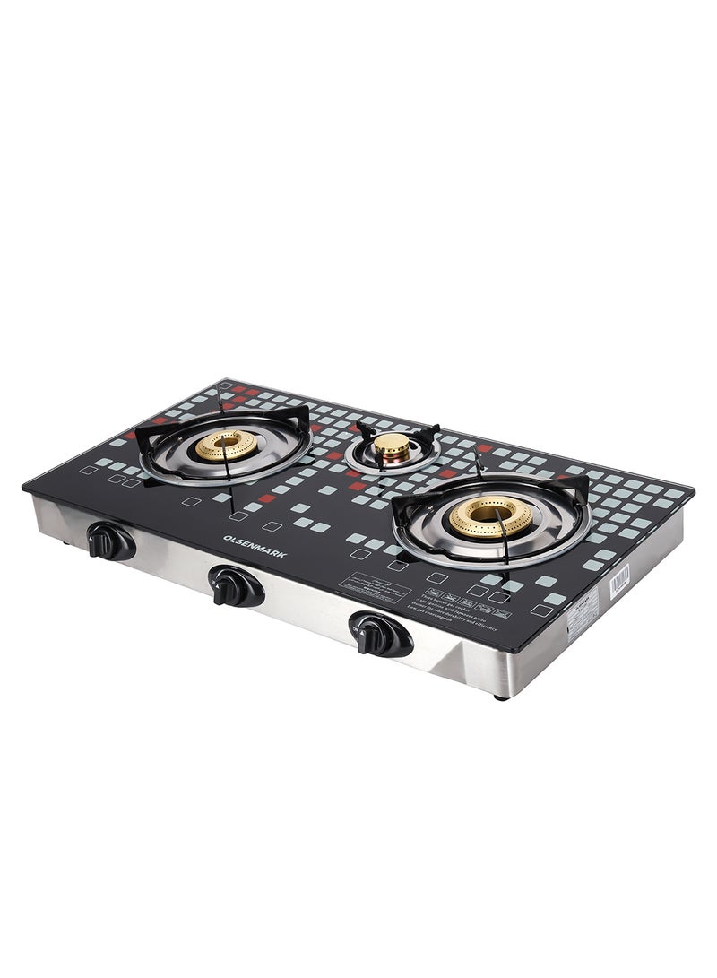 Olsenmark Triple Burner Gas Stove with Tempered Glass Top, Auto Ignition, Cast Iron Burners and Stainless Steel Drip Pan OMK2224 Black/Silver - Image 1