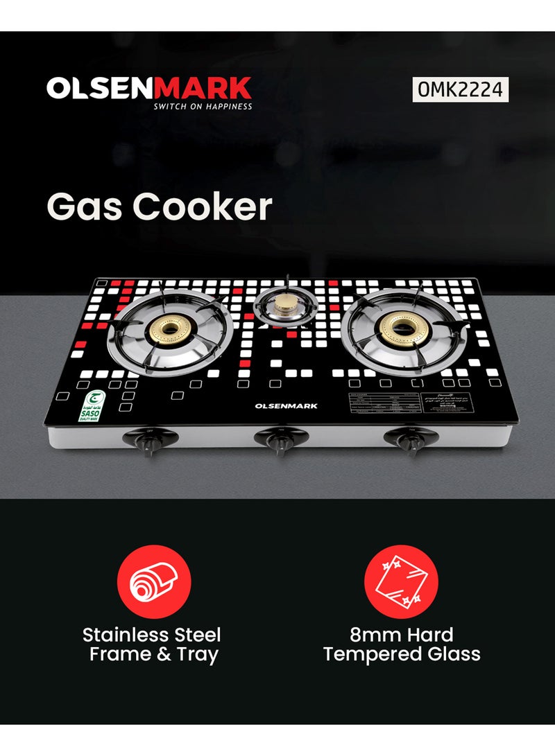 Olsenmark Triple Burner Gas Stove with Tempered Glass Top, Auto Ignition, Cast Iron Burners and Stainless Steel Drip Pan OMK2224 Black/Silver - Image 2