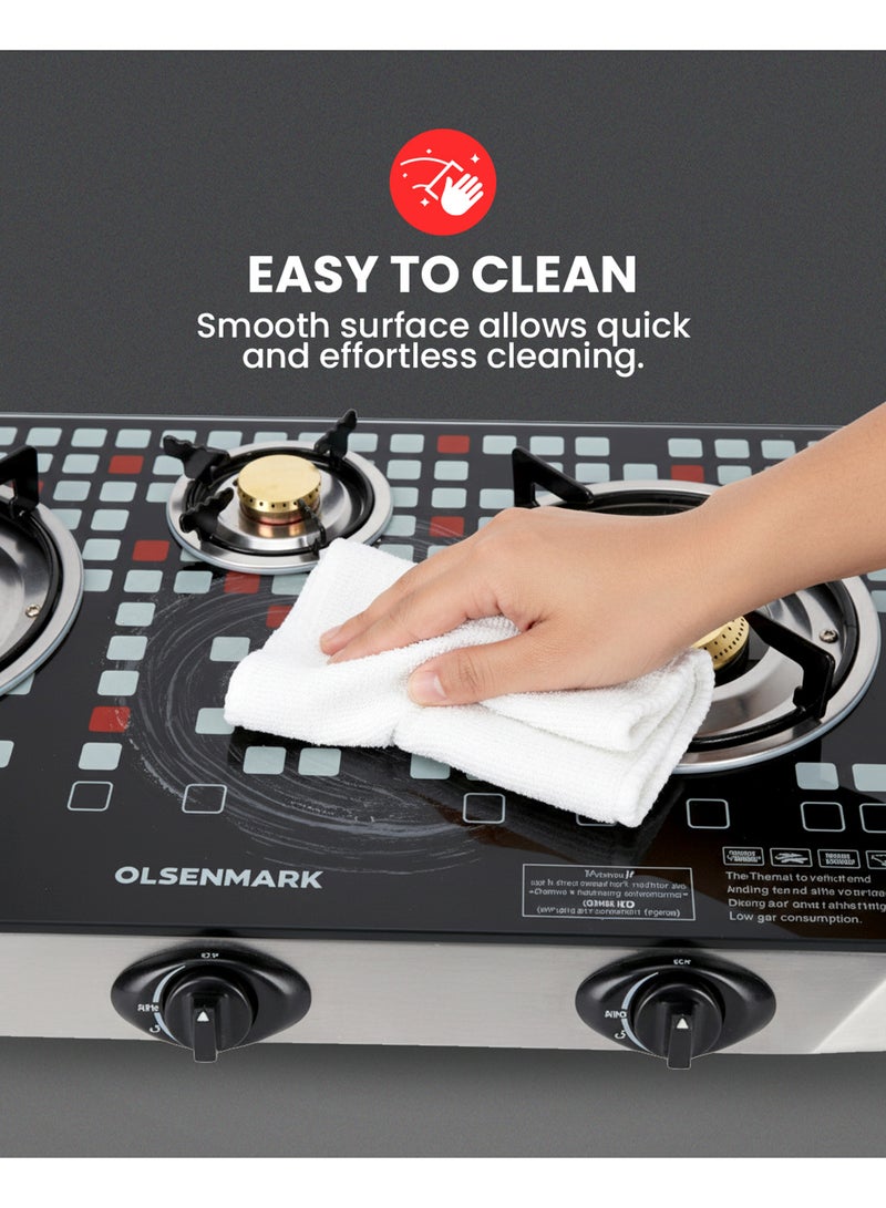Olsenmark Triple Burner Gas Stove with Tempered Glass Top, Auto Ignition, Cast Iron Burners and Stainless Steel Drip Pan OMK2224 Black/Silver - Image 5