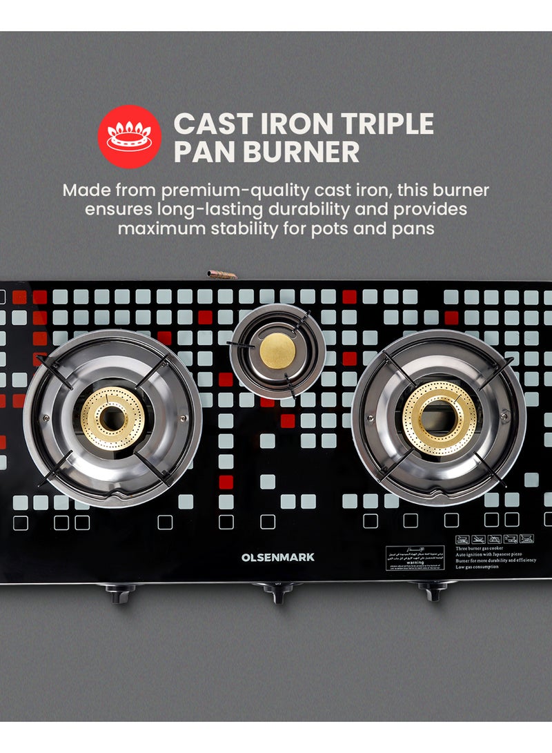 Olsenmark Triple Burner Gas Stove with Tempered Glass Top, Auto Ignition, Cast Iron Burners and Stainless Steel Drip Pan OMK2224 Black/Silver - Image 4