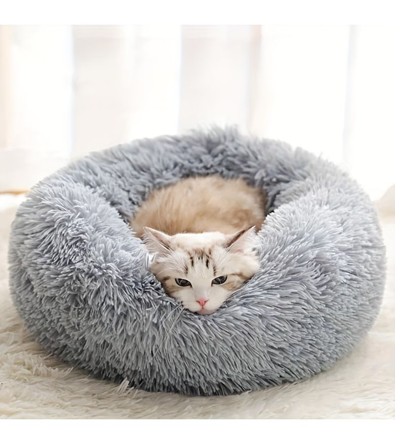 Plush Donut Dog Cat Bed Light Grey Small Size Soft Round Cushion Breathable Four Seasons Comfortable Faux Fur Mat Suitable for Small Medium Pets Christmas Gift - Image 1
