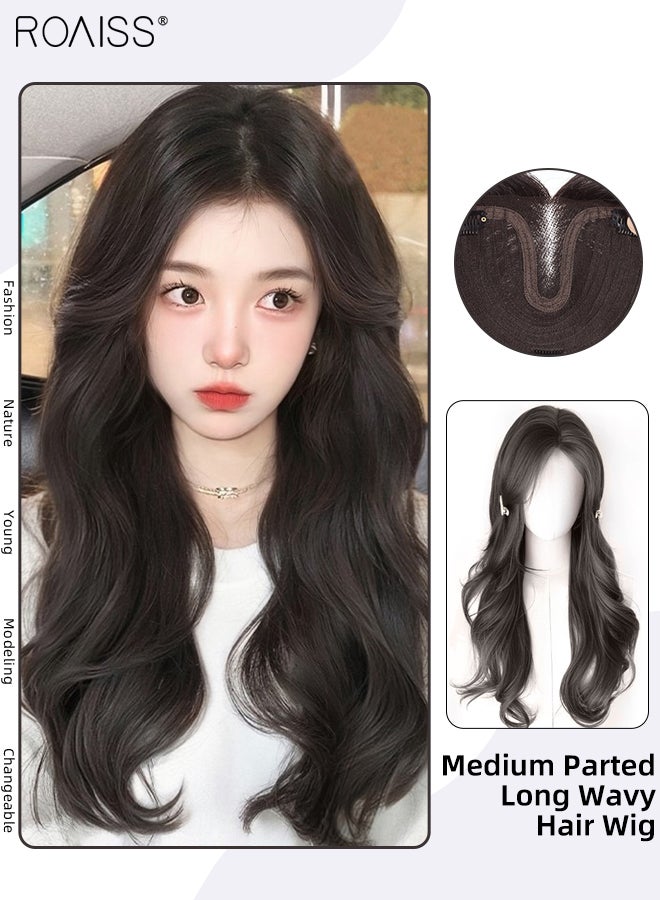 رويس باروكة شعر مموجة طويلة ومفروقة متوسطة الحجم للنساء، شعر صناعي ناعم طبيعي مقاوم للحرارة لحفلات الزفاف والحفلات التنكرية والارتداء اليومي، لون أسود طبيعي، 55 سم (22 بوصة) - Image 1