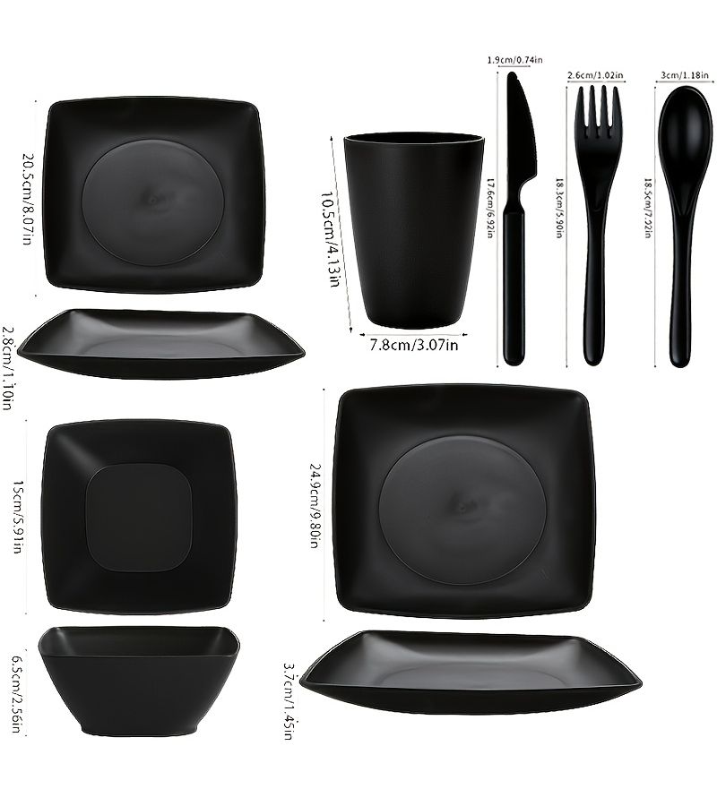 16pcs Classic Square Dinnerware Set Including Plates Bowls Cups and Cutlery Suitable for Home Picnics Travel Camping and Outdoor Use Dishwasher Safe - Image 3
