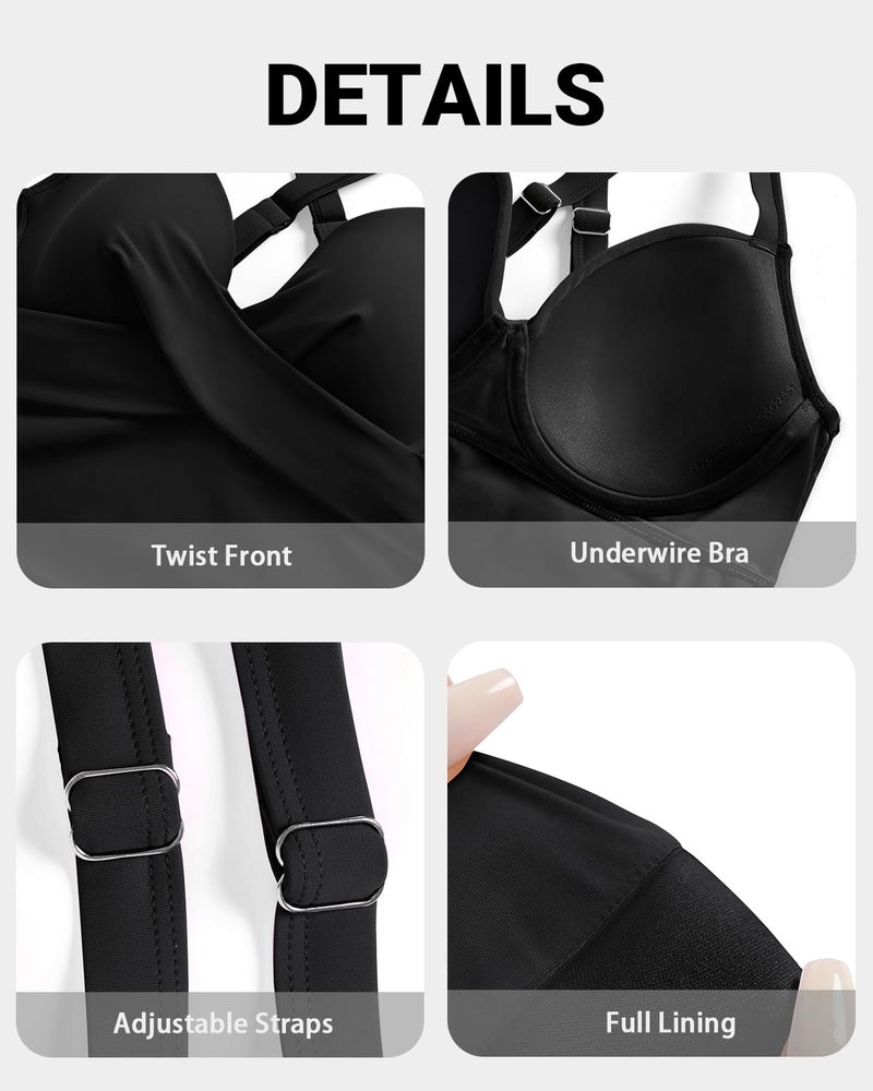 Yonique Women's Underwire Tankini Top Only - Push Up Swimsuit Top with Bra Support Tummy Control Bathing Suit Top No Bottom 2025 Black L - Image 5