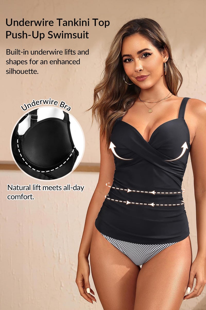 Yonique Women's Underwire Tankini Top Only - Push Up Swimsuit Top with Bra Support Tummy Control Bathing Suit Top No Bottom 2025 Black L - Image 4