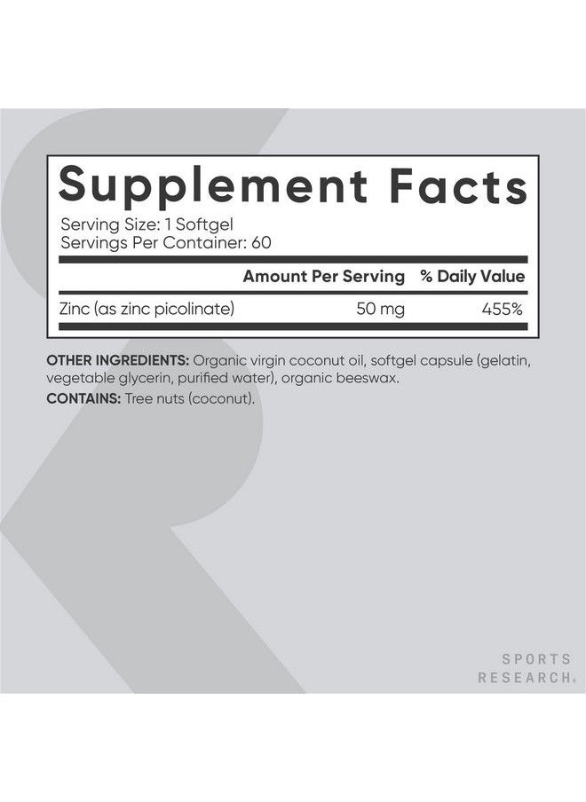 SPORTS RESEARCH - Zinc Picolinate 50Mg With Organic Coconut Oil ; Highly Absorbable Zinc Supplement For Healthy Immune Function Nongmo Verified Gluten & Soy Free (60 Liquid Softgels) - Image 1