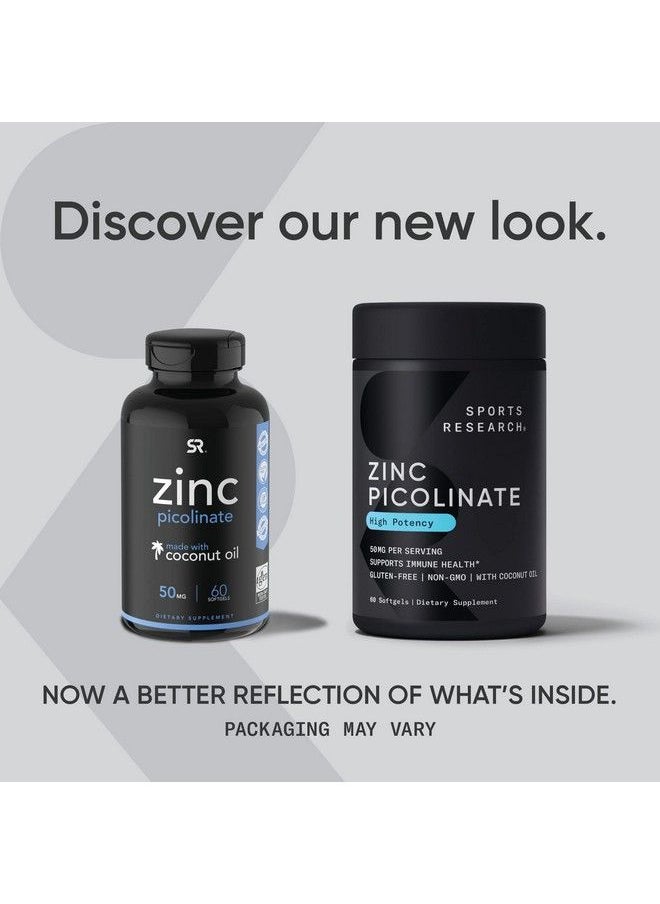 SPORTS RESEARCH - Zinc Picolinate 50Mg With Organic Coconut Oil ; Highly Absorbable Zinc Supplement For Healthy Immune Function Nongmo Verified Gluten & Soy Free (60 Liquid Softgels) - Image 1