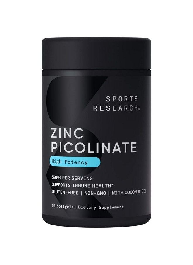 SPORTS RESEARCH - Zinc Picolinate 50Mg With Organic Coconut Oil ; Highly Absorbable Zinc Supplement For Healthy Immune Function Nongmo Verified Gluten & Soy Free (60 Liquid Softgels) - Image 1