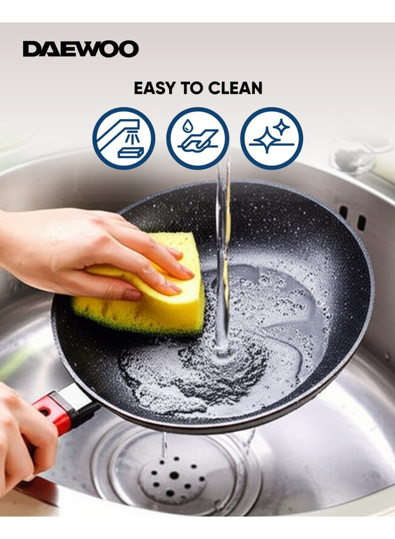 Daewoo 28cm Die-Cast Aluminum Fry Pan, Non-Stick Granite Coating, Full Induction Base, Bakelite Handle, Red, Chemical-Free - Image 4