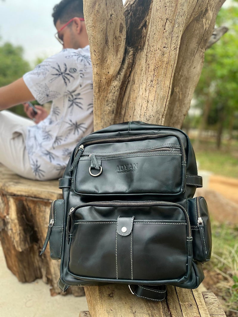 ADYAN Vintage Full Grain Leather 14-Inch Laptop Backpack for Men with Adjustable Shoulder Strap Metal Zip Closure Work Bag (Black) - Image 4