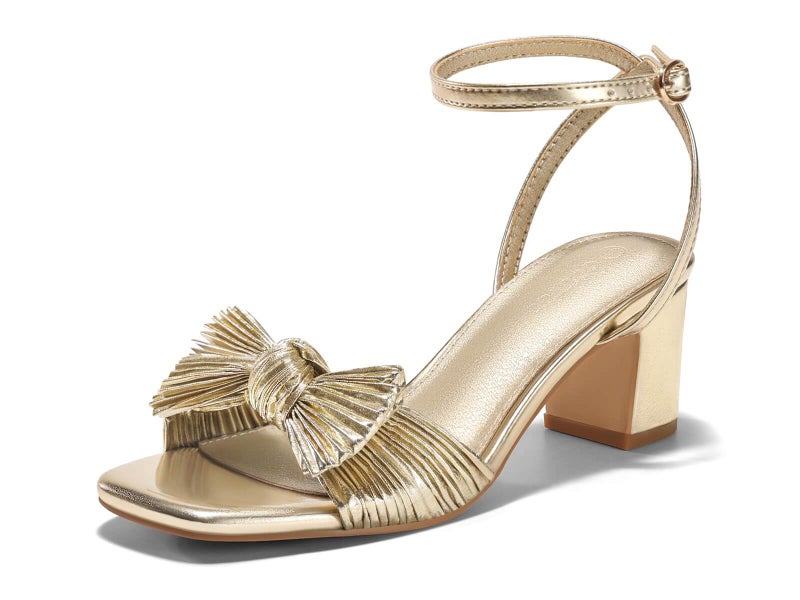 Coutgo Womens Bow Heels Sandals Block Low Heel Wedding Bride Dressy Shoes Open Toe Ankle Strap Sandals, Gold, Size 7.5 - Image 1