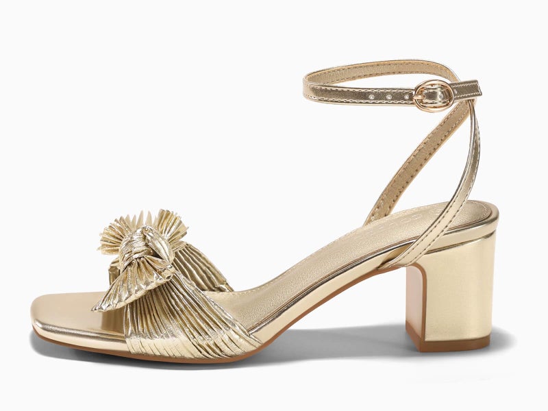 Coutgo Womens Bow Heels Sandals Block Low Heel Wedding Bride Dressy Shoes Open Toe Ankle Strap Sandals, Gold, Size 7.5 - Image 4