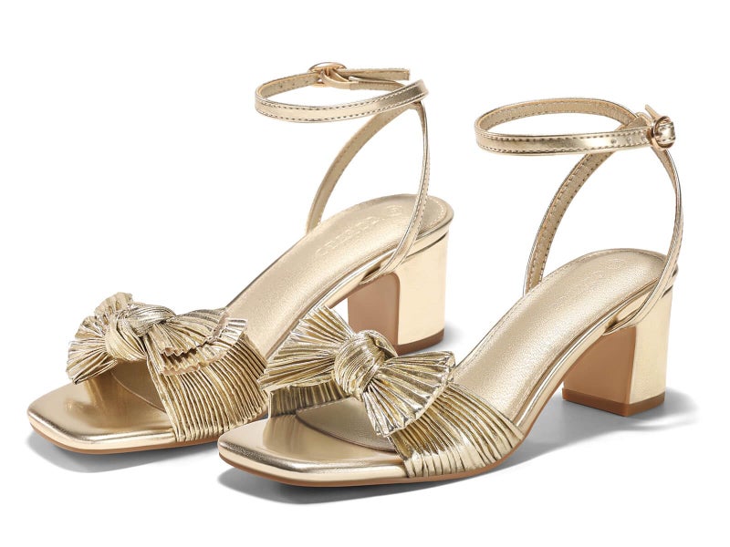 Coutgo Womens Bow Heels Sandals Block Low Heel Wedding Bride Dressy Shoes Open Toe Ankle Strap Sandals, Gold, Size 7.5 - Image 5