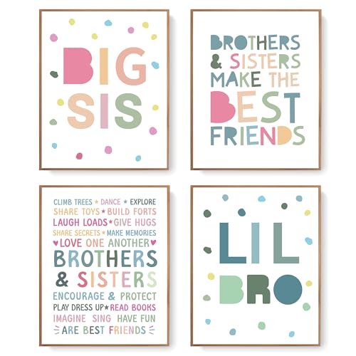 LARTSFRO Brother and Sister Make The Best Friends Wall Art Decor Posters, Baby Boys Gril Nursery Room Playroom Bedroom Bathroom Wall Art Decor, Inspirational Decor for Big Sister Little Brother Nursery Toddler Baby, Gifts for Kids 10x8 Inch Set of 4 Pcs (UNFRAMED) - Image 1