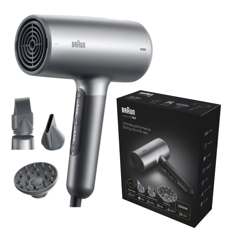 Braun Hairdryer HD4.3, Hair Dryer, HTDC motor, 2200 Watts, +3 Attachments, Large diffuser, Straightening Comb, HTDC motor, Electronic LED indicator, Super ionic function, Electro Grey - BRHD435SDE