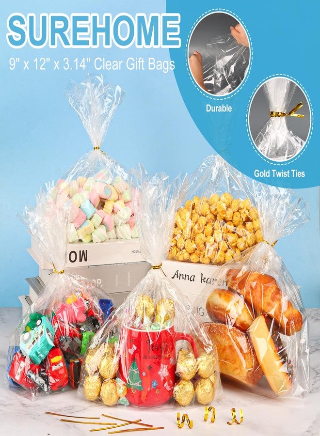 SUREHOME Cellophane Bags Clear Treat Bags with Ties 50 Pcs 9"x12" x3.15" Flat Bottom Gusset Gift Wrappers Can Stand Up Cello Goodie Bag for Birthday Party Favors Candy Snack Mugs Gift Giving Packaging - Image 3