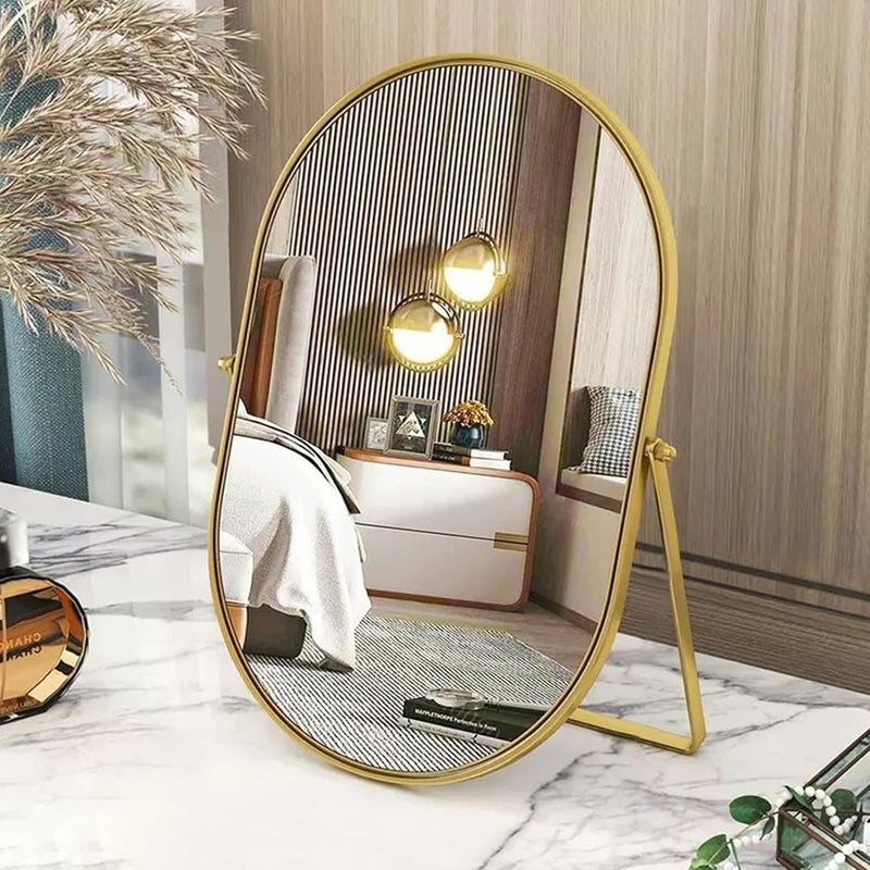 Gosider Makeup Mirror Oval Desk Mirror Gold Table Mirror Metal Frame Portable Single-Sided Swivel Tabletop Mirror High-Definition Countertop Mirror with stand for Vanity Dresser Living Room Bedroom Office - Image 1