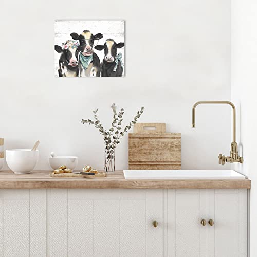 1 KINGO Farmhouse Highland Cow Wall Art: Rustic Milk Cow Picture for Country Kitchen Home Decor Black White Cow Family Poster Canvas Print for Bathroom Bedroom 15x12" - Image 4