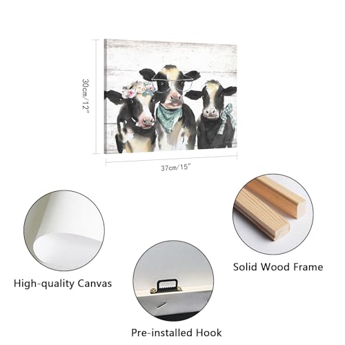 1 KINGO Farmhouse Highland Cow Wall Art: Rustic Milk Cow Picture for Country Kitchen Home Decor Black White Cow Family Poster Canvas Print for Bathroom Bedroom 15x12" - Image 3