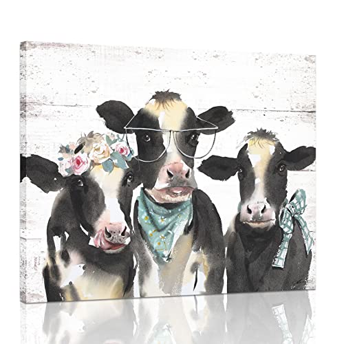1 KINGO Farmhouse Highland Cow Wall Art: Rustic Milk Cow Picture for Country Kitchen Home Decor Black White Cow Family Poster Canvas Print for Bathroom Bedroom 15x12" - Image 1