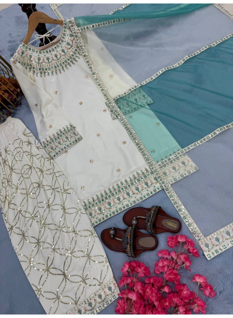 Super Asian Embroidered Sequence Work Top with Sharara & Organza Silk Dupatta - Image 5