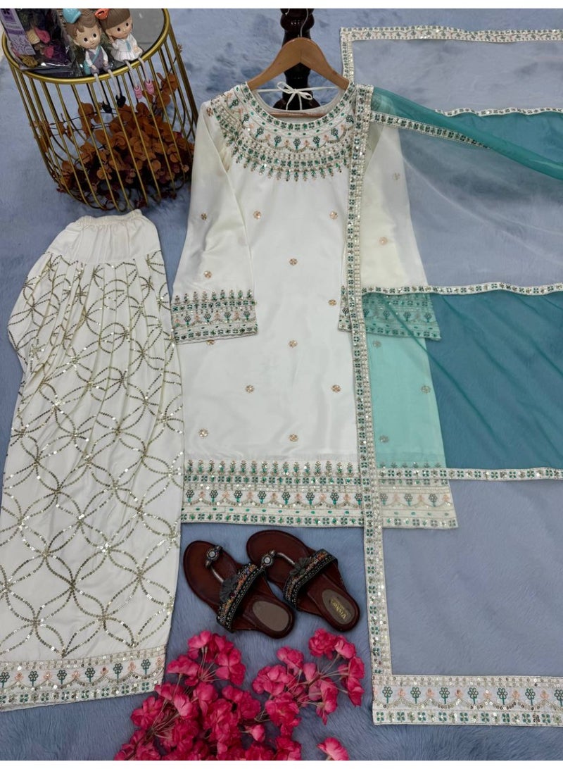 Super Asian Embroidered Sequence Work Top with Sharara & Organza Silk Dupatta - Image 1