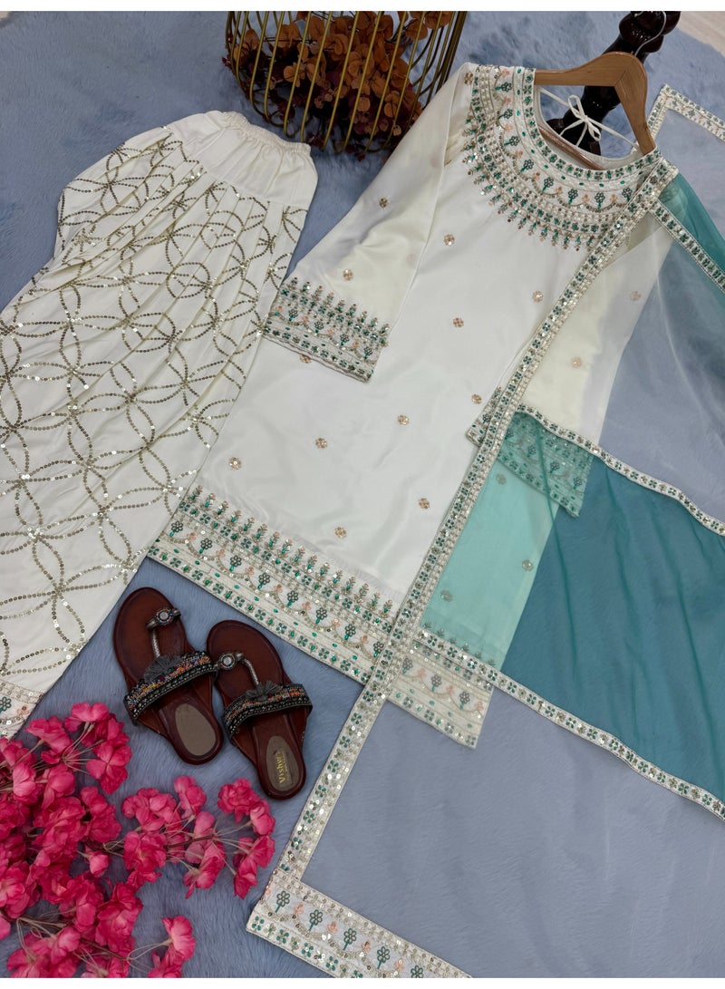 Super Asian Embroidered Sequence Work Top with Sharara & Organza Silk Dupatta - Image 3