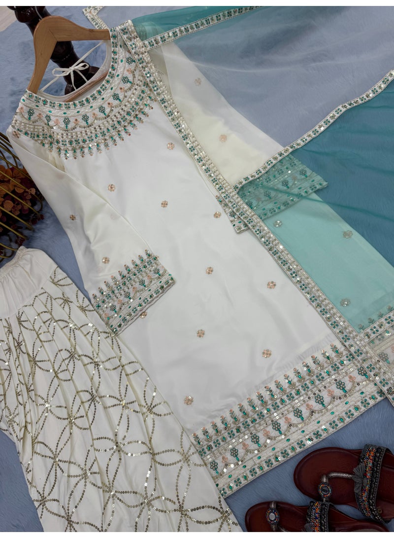 Super Asian Embroidered Sequence Work Top with Sharara & Organza Silk Dupatta - Image 4
