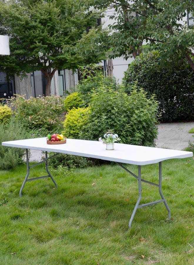 لوازم طاولة نزهة بلاستيكية قابلة للطي 240×73.5×74 سم - أبيض - خفيفة الوزن، تطوى من المنتصف، مع مقبض حمل وارتفاع قابل للتعديل - مثالية للفعاليات الخارجية، التخييم، الرحلات، الحفلات والشواء - Image 1