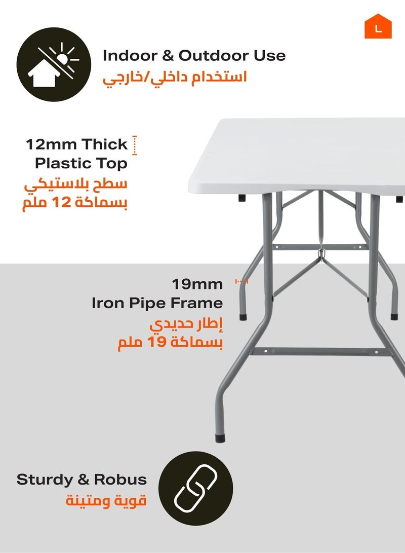 LAWAZIM Folding Plastic Picnic Table - 240x73.5x74cm White - Lightweight Fold-in-Half Trestle Outdoor Camping Table with Carry Handle & Non-Slip Caps - for Outdoor Events, Camping, Picnics, & BBQ Use - Image 4