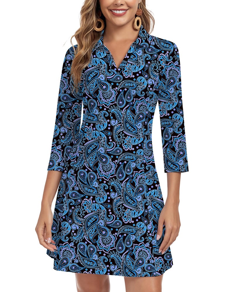 WOWENY 3/4 Sleeve Dress for Women with Pockets V Neck UPF 50+ Casual Sun Dress Breathable Quick Dry Beach Vacation (Black Paisley, L) - Image 1