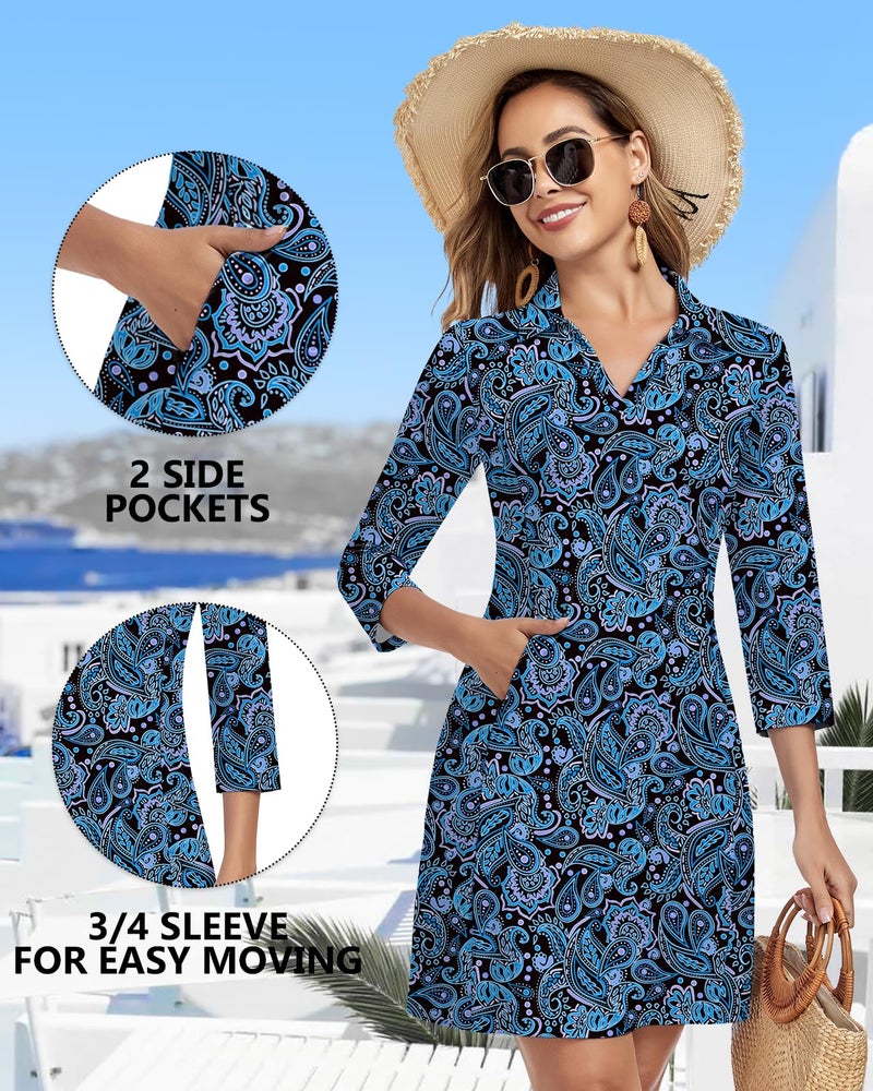 WOWENY 3/4 Sleeve Dress for Women with Pockets V Neck UPF 50+ Casual Sun Dress Breathable Quick Dry Beach Vacation (Black Paisley, L) - Image 4