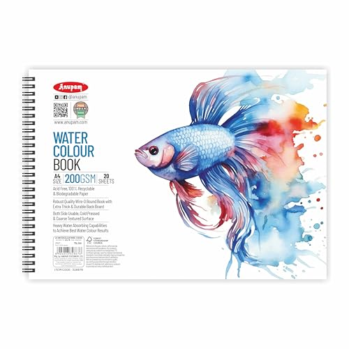 Anupam Artists Watercolour Wire-O Book 200 GSM Cold Pressed A4 40 Pages for Watercolour, Gouache, Ink, Acrylic, Wet & Mixed Media, Art Painting, Drawing for Artists & Amateurs - Image 1