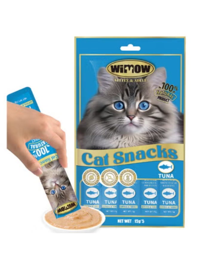 Wimow Cat Treats Stripe Wet Food Creamy Treats Tuna Flavor Squeezable Rich In Multiple Vitamins 0.5oz Each Stripe (Pack Of 5 Bag)