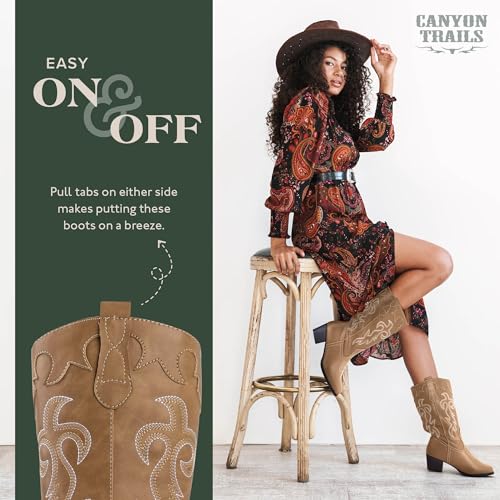 Canyon Trails Cowboy Boots for Women - Traditional Style Comfortable Western Boots for Teen Girls - Tan, Size 9 - Image 4