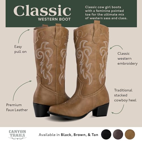 Canyon Trails Cowboy Boots for Women - Traditional Style Comfortable Western Boots for Teen Girls - Tan, Size 9 - Image 2