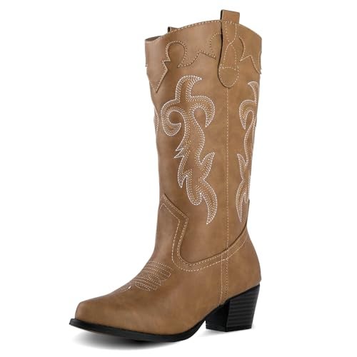 Canyon Trails Cowboy Boots for Women - Traditional Style Comfortable Western Boots for Teen Girls - Tan, Size 9 - Image 1