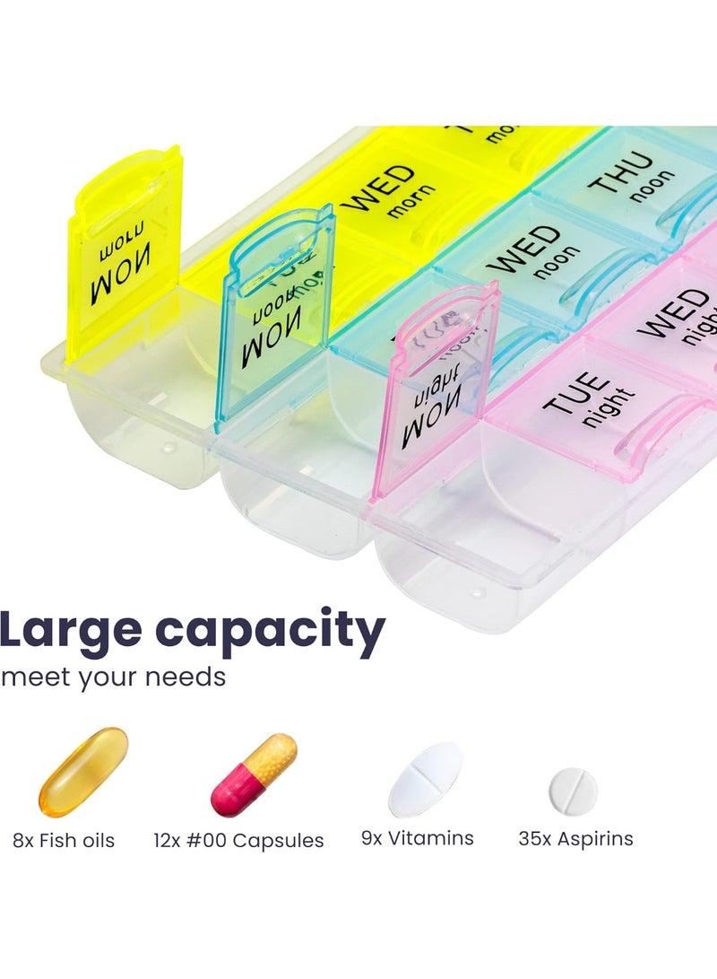 Large Weekly Pill Organizer 3 Times A Day - 7 Day Moisture-Proof Travel Pill Case with 21 Big Compartments | Easy-to-Read Bold Lettering for Vitamins, Fish Oil, and Supplements (Morning/Noon/Night). - Image 3