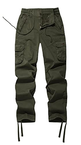 FOURSTEEDS Women's Mid Rise Drawstring Elastic Waist Multi-Pocket Outdoor Sport Cotton Camping Hiking Cargo Pants Army Green S - Image 1
