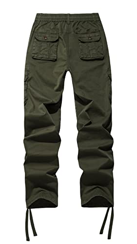 FOURSTEEDS Women's Mid Rise Drawstring Elastic Waist Multi-Pocket Outdoor Sport Cotton Camping Hiking Cargo Pants Army Green S - Image 2